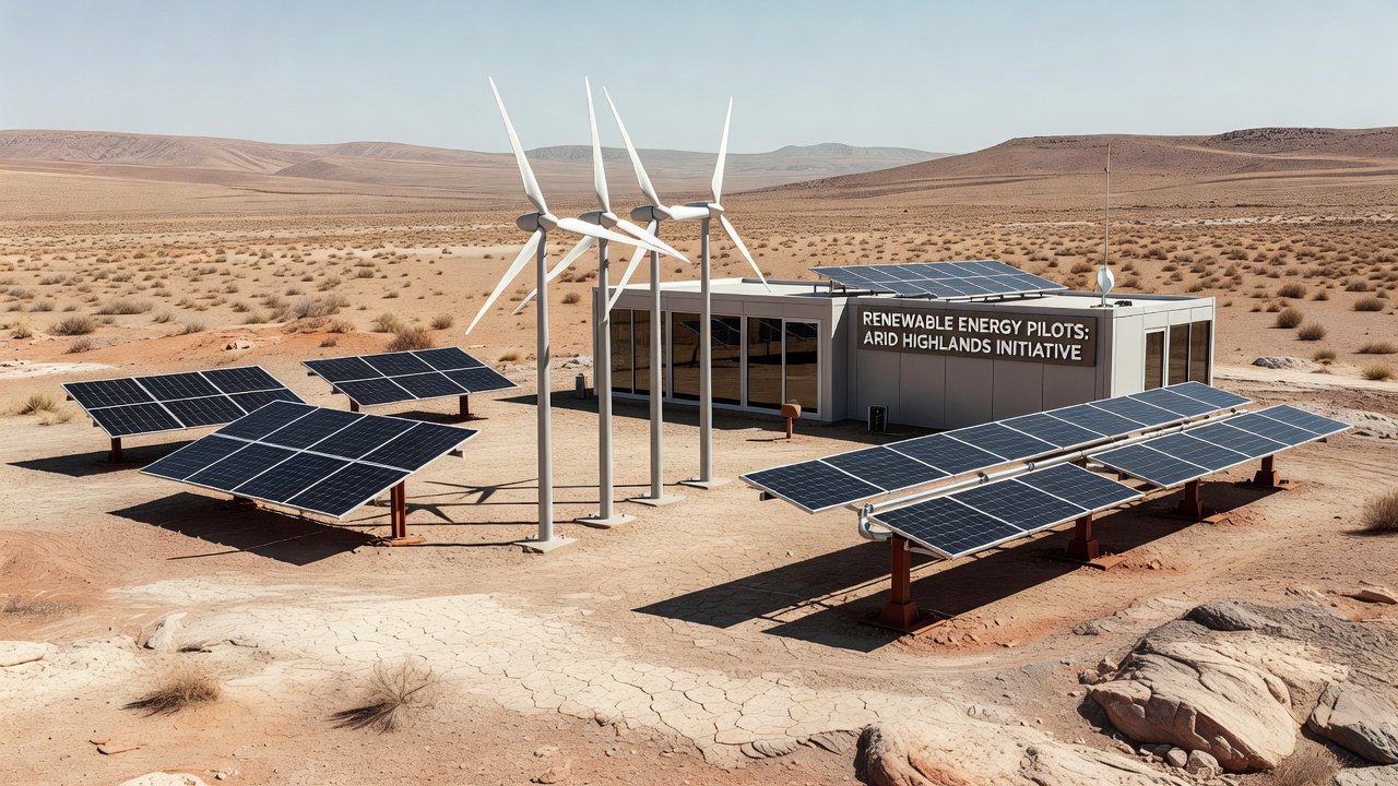 Technicians inspecting wind turbine components on a windswept highland ridge with solar arrays visible in the background