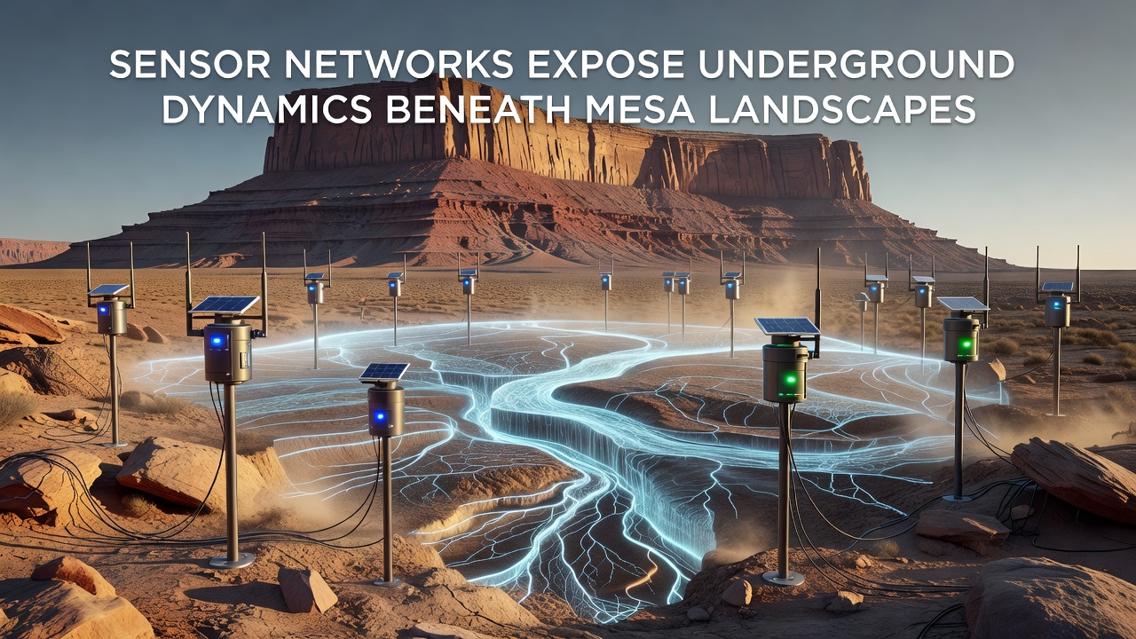 Close-up view of buried sensor nodes measuring soil moisture and pressure beneath mesa bedrock layers